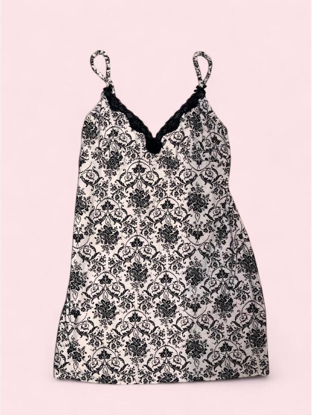 Black and cream with lace trim damask print mini slip dress
